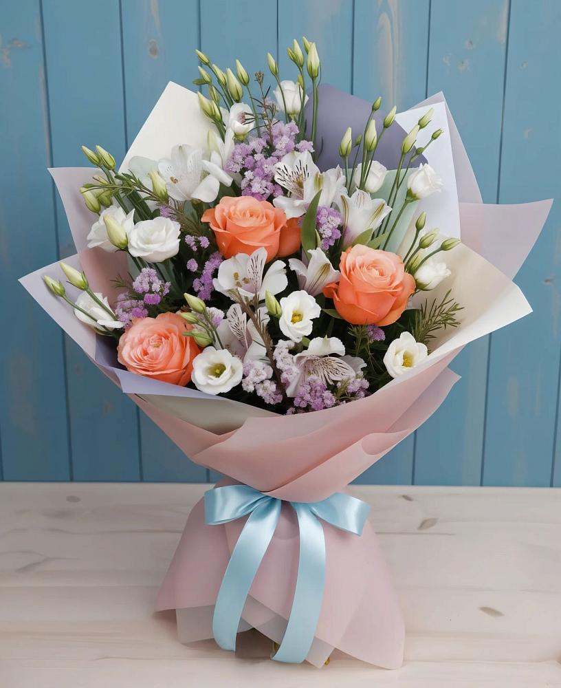 Букет цветов из: Лизиантусы, Розы, Альстромерии и Гипсофила в Шаран