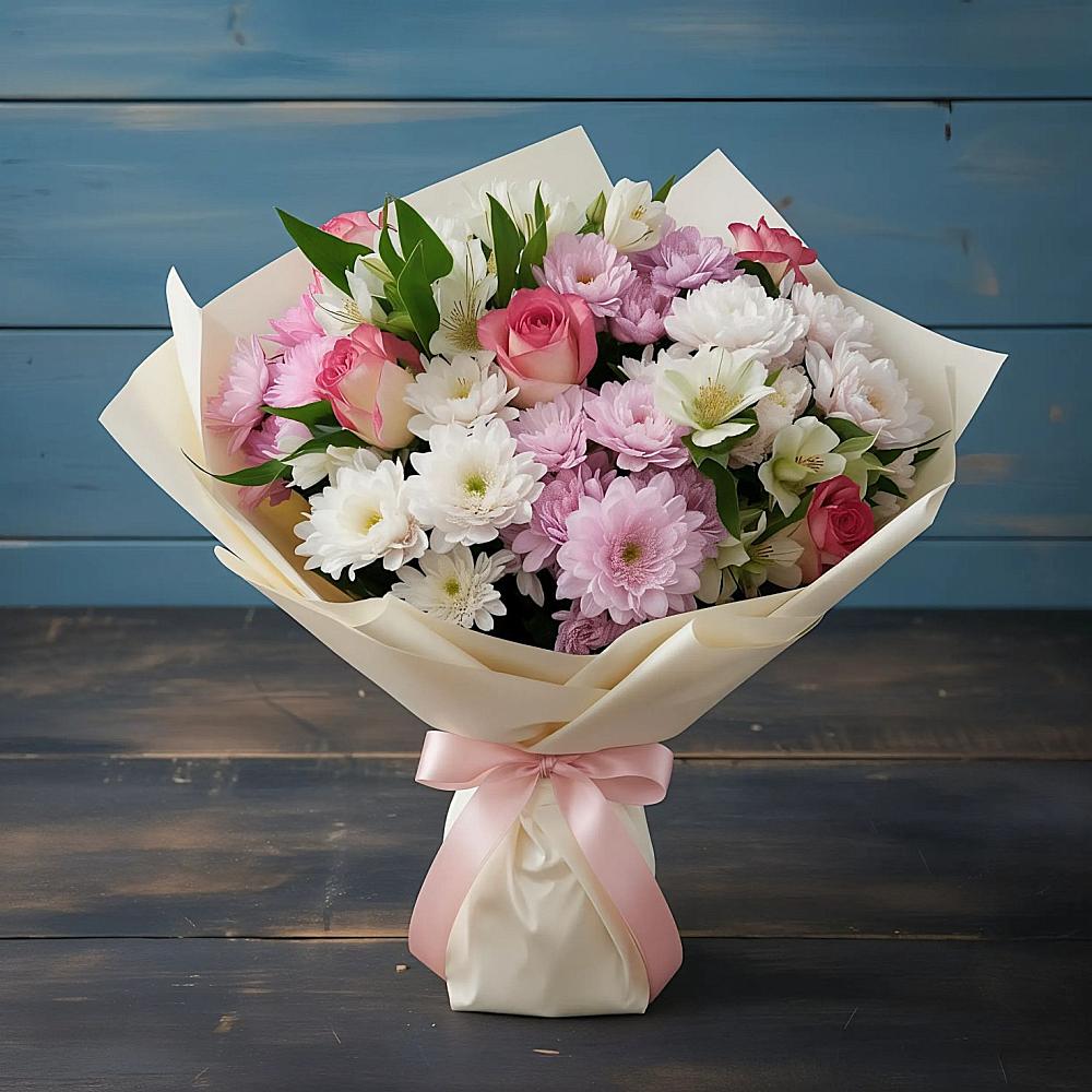 Букет цветов из: Хризантемы, Альстромерии и Розы в Шаран